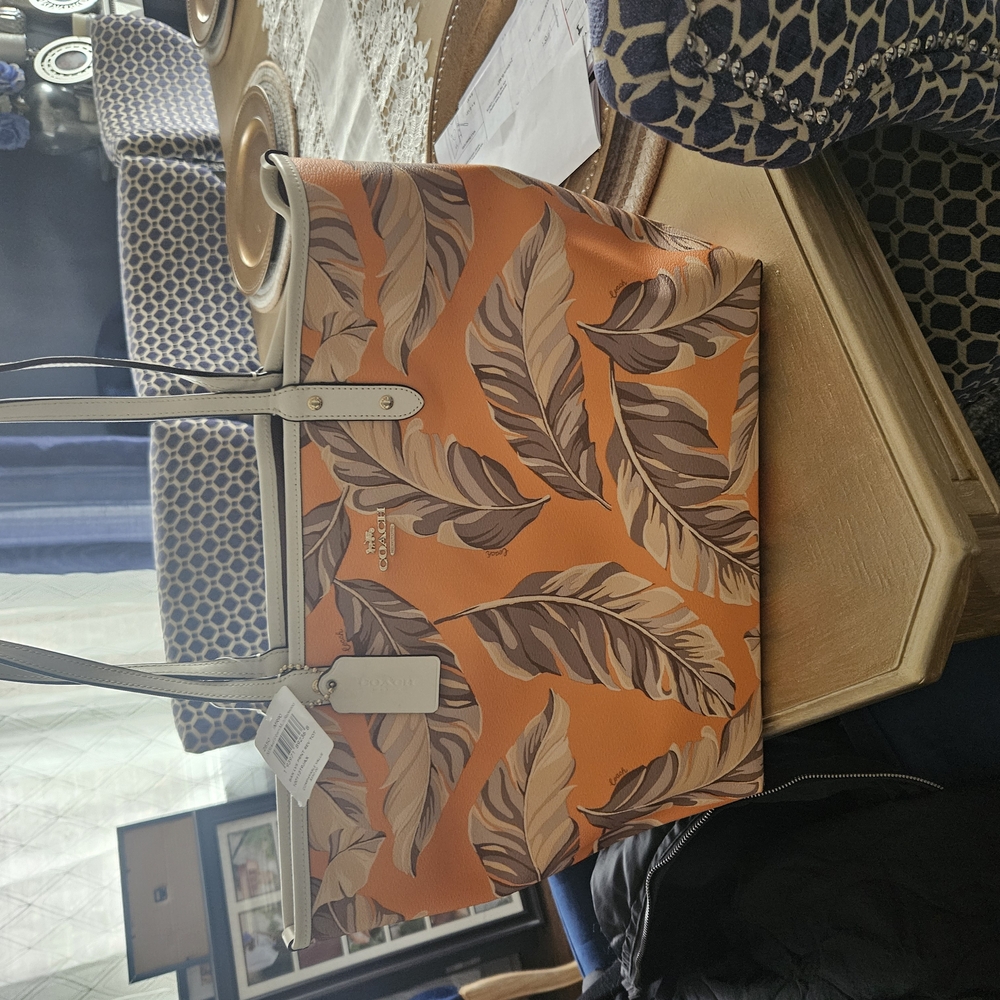 Coach Orange Leaf Print Tote Bag